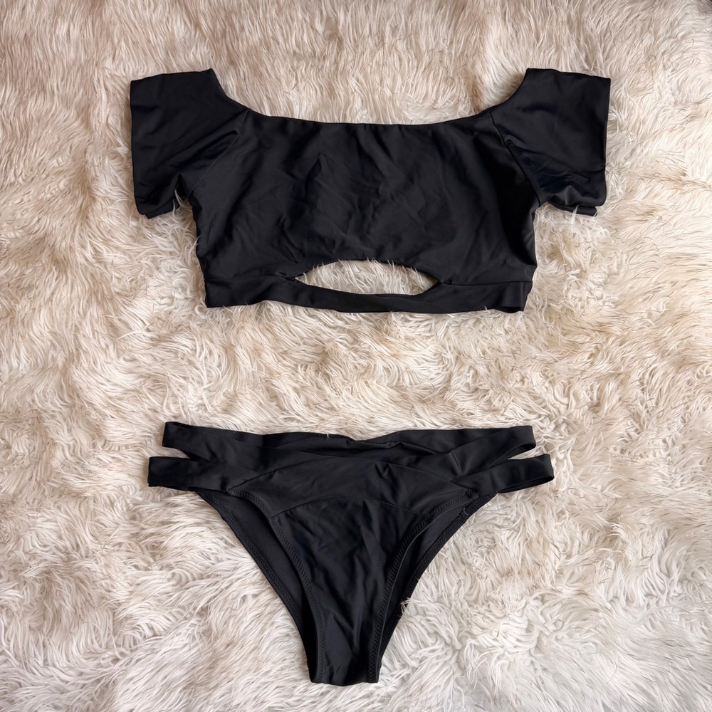 Cupshe Black Off-Shoulder Bikini Set with cut outs